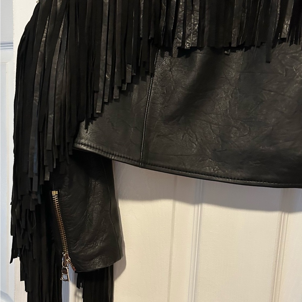 Alice + Olivia Black Leather Fringe Jacket